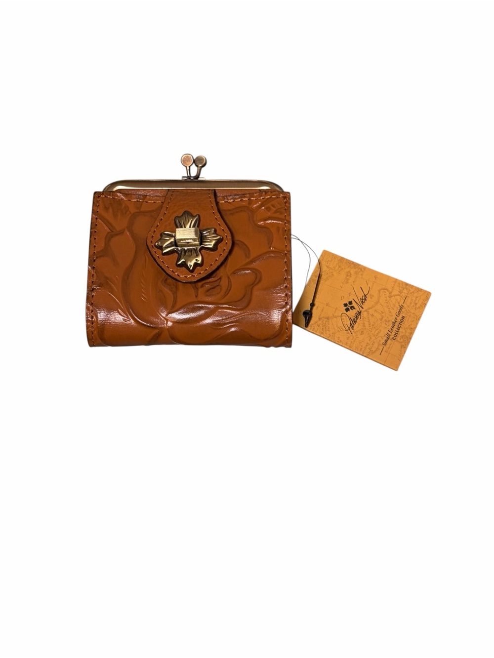 Patricia Nash Casella Embossed Tooled Leather Cognac Tan Wallet Kisslock